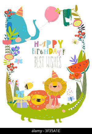 Cute Funny Animals celebrating Birthday Stock Vector