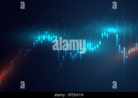 Professional financial market illustration featuring glowing blue candlestick charts on a dark digital background with abstract price movement Stock Vector