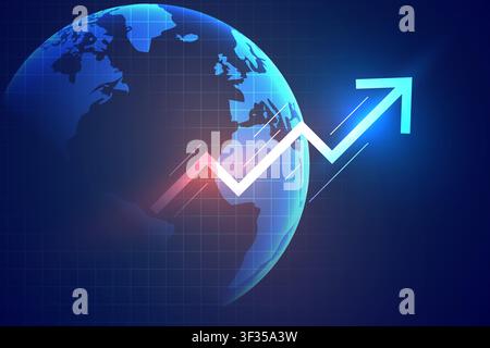 A digital globe with a rising arrow and jagged chart line illustrating global business growth, market uptrend, economic recovery and financial data Stock Vector