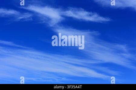 Cloudscape. Concepts - environment. Cirrus and cirrostratus clouds with a deep blue sky. Backgrounds. Copy space. Stock Photo