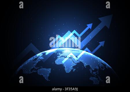A glowing digital Earth lit by dotted continent points with rising arrows and jagged chart lines illustrating global business growth, market trends, Stock Vector