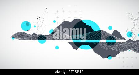 Abstract digital landscape with wireframe terrain, geometric circles, and plexus art. Vector Stock Vector