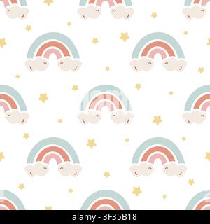 Seamless pattern with cute hand-drawn rainbows and stars in gender neutral color. Print for children's wallpaper, textile design, baby shower, newborn products, nursery decor for kids. Stock Vector