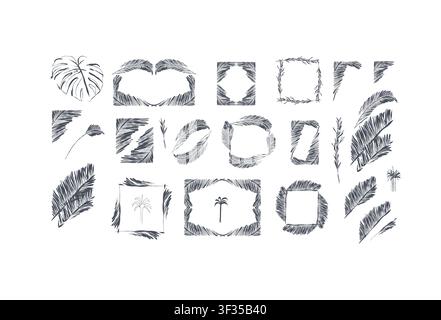 Hand drawn vector abstract outline,graphic,line exotic tropical leaves ornament frames set in drawing elegant style.Elegant decoration vintage outline Stock Vector