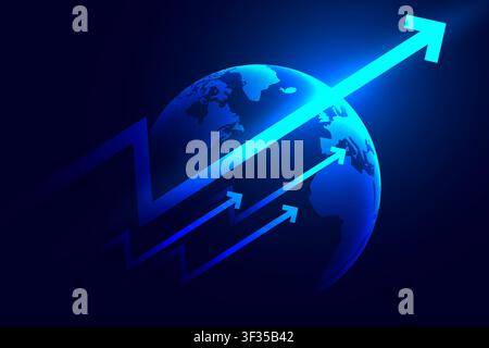 Blue-glowing Earth with multiple upward arrows symbolizing global business growth, financial success, market expansion and technological progress. Stock Vector