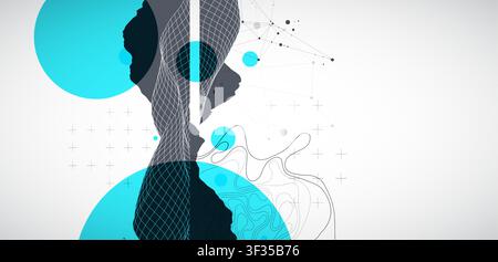 Abstract digital landscape with wireframe terrain, geometric circles, and plexus art. Vector Stock Vector
