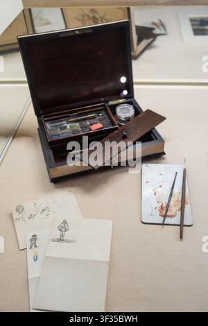 Empress Elisabeth of Austria or Sisi's watercolour paint box with her drawings Stock Photo