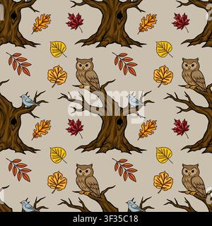 Seamless vector pattern featuring woodland owls, birds, and colorful autumn leaves on trees Stock Vector