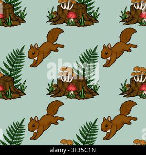 Woodland seamless pattern vector with cute jumping squirrel, tree stump, mushrooms and fern leaves Stock Vector