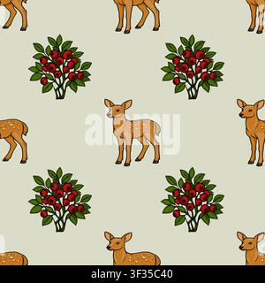 Woodland seamless pattern vector with cute baby deer and wild cranberry bushes Stock Vector