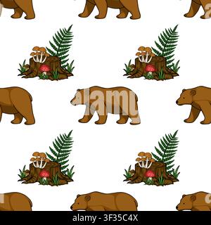 Woodland seamless pattern vector with cute brown bear, tree stump, fern and wild mushrooms Stock Vector