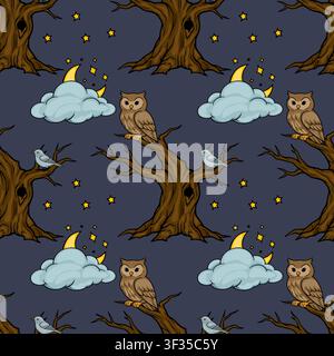 Seamless vector pattern with nocturnal owls and birds perched on gnarled trees under a starry night sky with moon and clouds Stock Vector