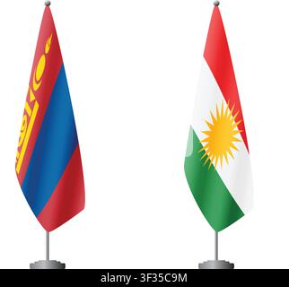 Mongolia and Kurdistan flags on flagpoles for official ceremonies and meetings, transparent background vector Stock Vector
