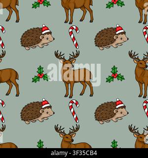 Christmas vector seamless pattern with cute hedgehogs in Santa hats, deer, holly berries, and candy canes on a grey background Stock Vector