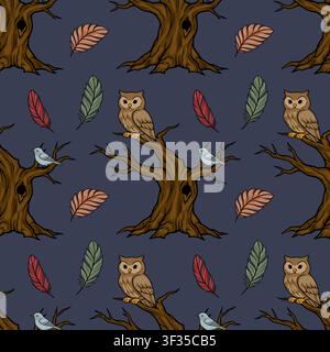 Woodland seamless pattern vector with owls, birds, and colorful feathers on dark blue background Stock Vector