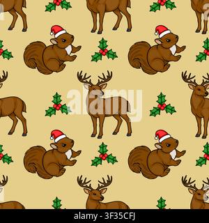 Seamless vector pattern with cute squirrels in Santa hats and deer with holly berries on beige background Stock Vector