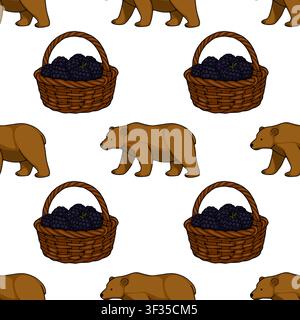 Woodland seamless pattern vector with cute brown bears and woven baskets full of ripe juicy blackberries Stock Vector