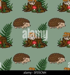 Seamless vector pattern with cute hedgehogs and woodland tree stumps with mushrooms and ferns Stock Vector
