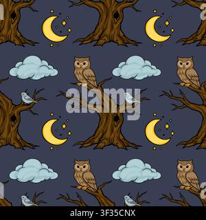 Seamless vector pattern featuring woodland owls, birds, and crescent moon in a night forest Stock Vector