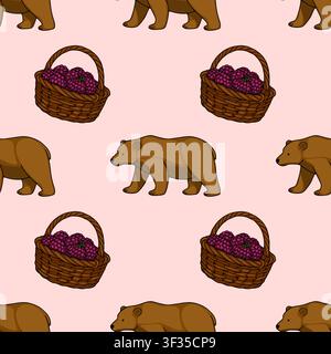 Seamless vector pattern with cute brown bears and wicker baskets full of fresh raspberries on a soft pink background Stock Vector