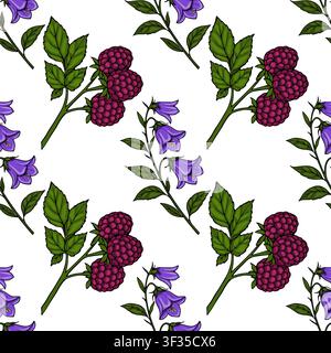 Seamless vector pattern with purple bellflowers and ripe raspberries on a white background. Stock Vector