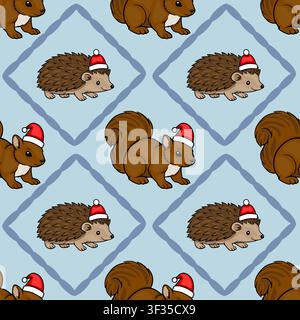 Seamless vector pattern with cute cartoon squirrels and hedgehogs wearing Christmas hats on light blue background Stock Vector