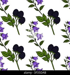 Woodland seamless pattern vector with blackberries and purple bellflowers Stock Vector