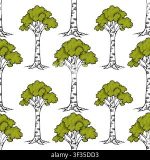 Seamless vector pattern featuring stylized birch trees with vibrant green foliage and characteristic white bark textures. Stock Vector