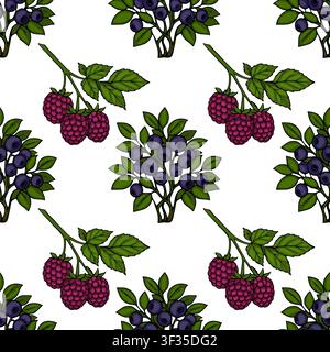 Seamless pattern vector illustration with woodland blueberries and raspberries on white background Stock Vector