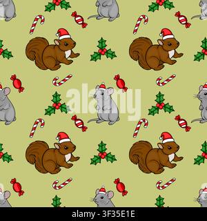 Seamless vector pattern with cute Christmas squirrels and mice wearing Santa hats, holly berries, and candy canes on a light green background. Stock Vector