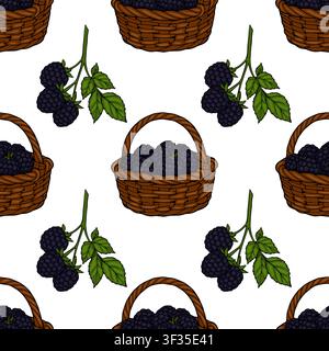 Seamless pattern with hand drawn vector illustration of blackberry baskets and fresh berry branches Stock Vector