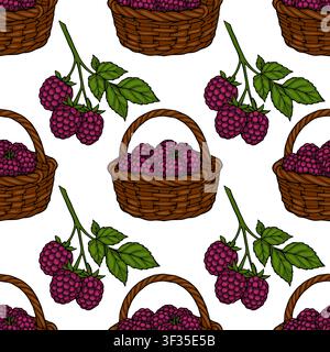 Seamless vector pattern with woven baskets full of fresh ripe raspberries and green leafy berry branches Stock Vector
