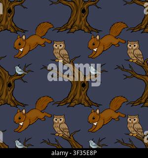Seamless vector pattern featuring cute woodland animals like squirrels, owls, and birds on dark forest trees Stock Vector