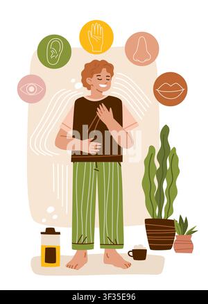 Somatic grounding mindfulness mental health five senses calm person standing relaxed surrounded by sensory icons plants cozy home decor Stock Vector