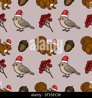 Seamless vector pattern with cute forest animals wearing Christmas hats, squirrels, birds, berries and acorns Stock Vector