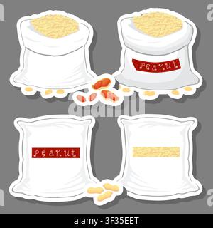 Illustration on theme of big nut set from tasty peanut in large textured sacks, peanut pattern consisting of savory nut in organic eco sacks, open sac Stock Vector