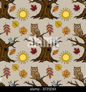 Seamless pattern vector featuring cute owls, woodland trees, autumn leaves, and sun icons on a neutral background. Stock Vector
