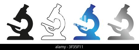 Set of microscope icons in different styles and colors for laboratory design with four variations microscope icon black blue silver styles black white Stock Vector