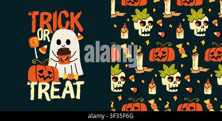 Cute ghost and pumpkin hand drawn vector sticker and seamless pattern set for Halloween prints Stock Vector