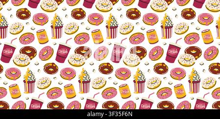 Sweet donuts and soda seamless pattern hand drawn vector for textile print Stock Vector