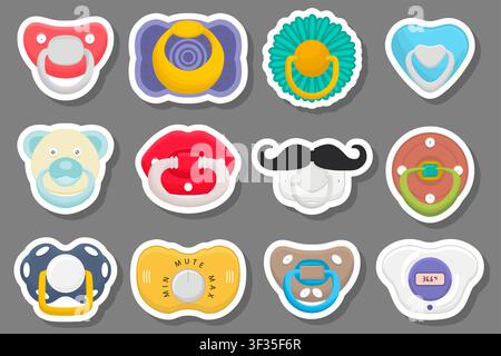 Illustration on theme big colored set baby pacifiers, dummy with rubber nipple, baby pacifiers consisting of collection to newborn, good dummy nipple, Stock Vector