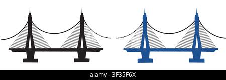 Vector illustration of suspension bridge icons showing black and blue color variations of architectural structure Stock Vector