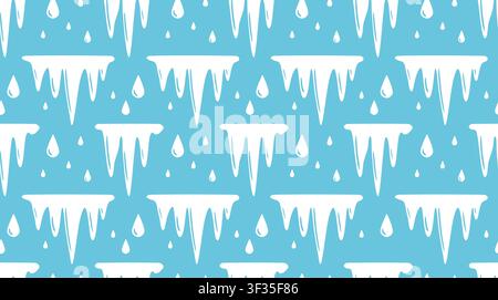 Simple flat vector seamless pattern of white melting icicles and falling water drops on a solid blue background. Stock Vector