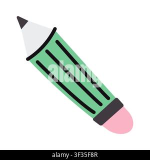 Green wooden pencil with pink eraser. Vector illustration of cute writing tool for drawing, sketching or back to school stationery concept Stock Vector