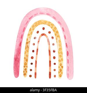 Watercolor boho rainbow with abstract dots. Warm terracotta, gold, and pink colors. Hand-drawn vector illustration perfect for nursery decor, textile, prints, greeting cards, and stationery. Stock Vector