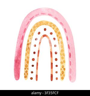 Watercolor boho rainbow with abstract dots. Warm terracotta, gold, and pink colors. Hand-drawn vector illustration perfect for nursery decor, textile, prints, greeting cards, and stationery. Stock Vector