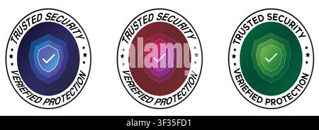 Three colorful trusted security verified protection badges with shield icons with verification symbols Stock Vector