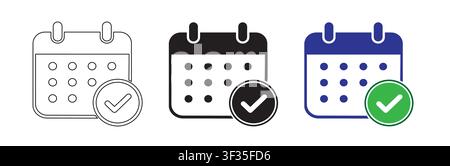 Colorful calendar checkmark vector icon set with outline and solid style for scheduling with icons Stock Vector