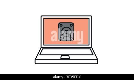 Laptop hard drive icon: portable notebook computer displaying storage disk symbol on screen, modern offset color line art vector illustration for data Stock Vector