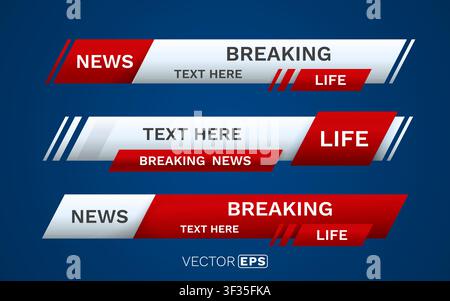 Set of modern breaking news lower third banners with red and white geometric design for broadcast. Vector illustration Stock Vector